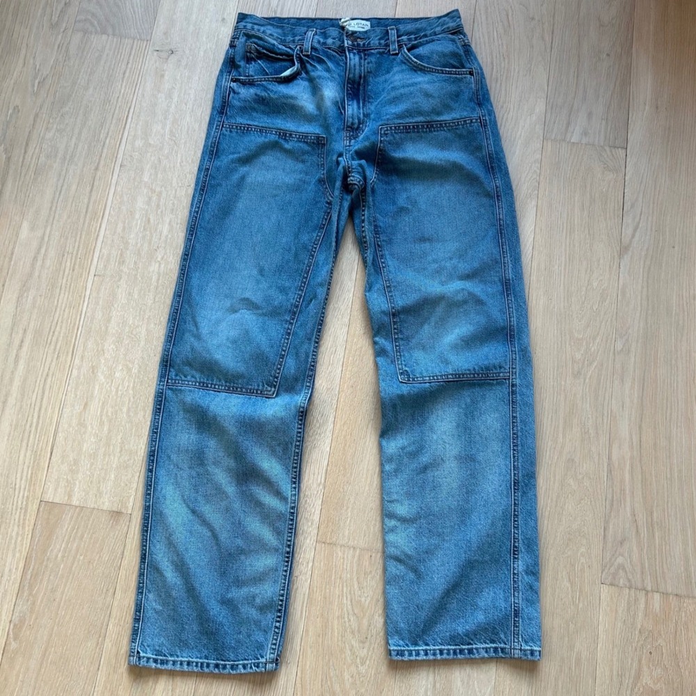 Nili Lotan Welder Straight Jeans 30 Blue Double Knee Denim Summer Wash USA Made